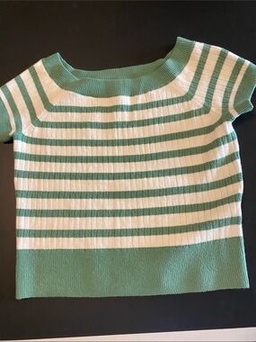 abercrombie kids Green and White Striped Short Sleeve Knit Top